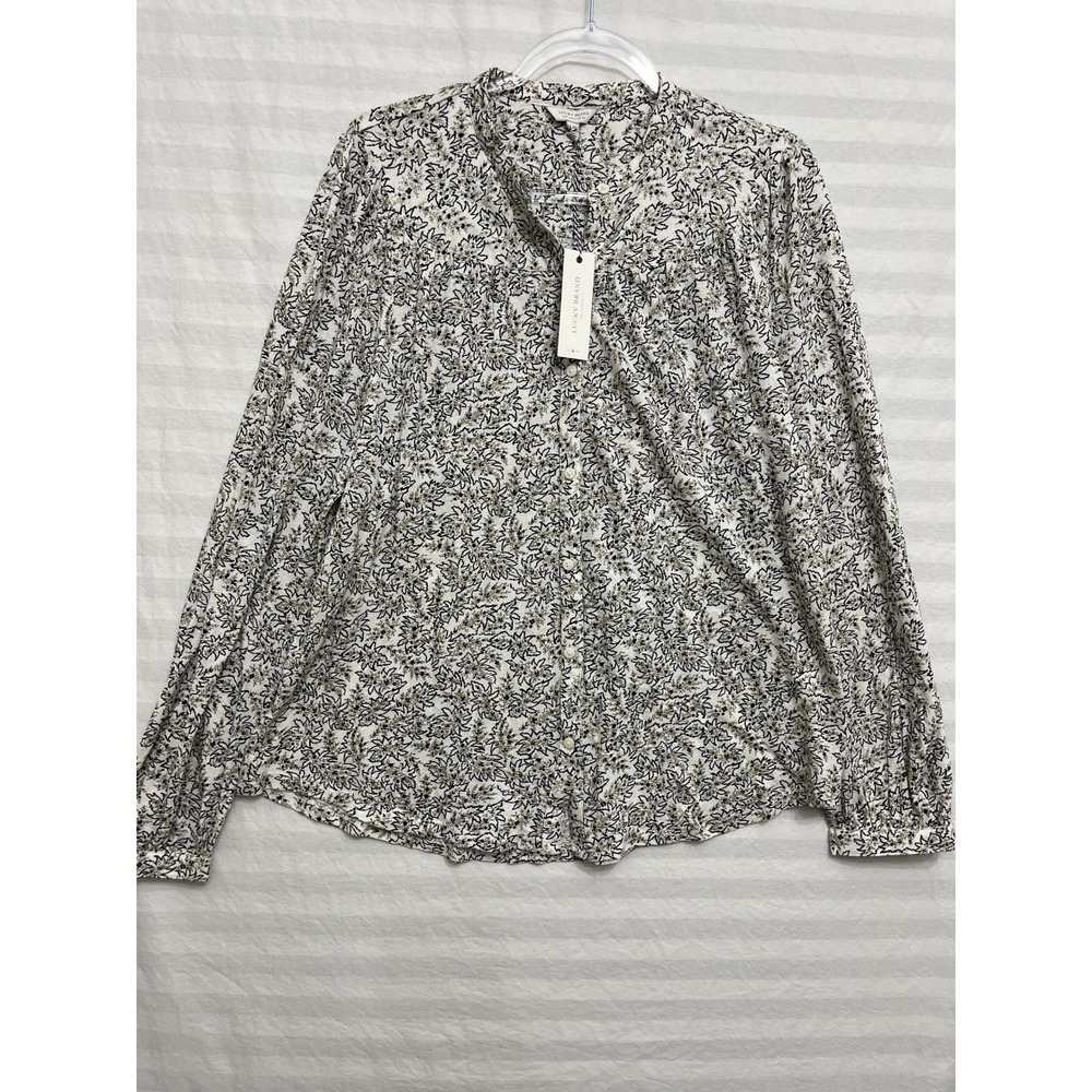 New Lucky Brand Button Up Top Large Floral Leaf Long Sleeve Cotton Blend Stretch